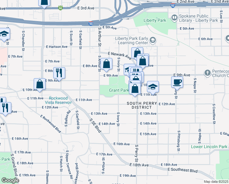 map of restaurants, bars, coffee shops, grocery stores, and more near 1102 East 10th Avenue in Spokane