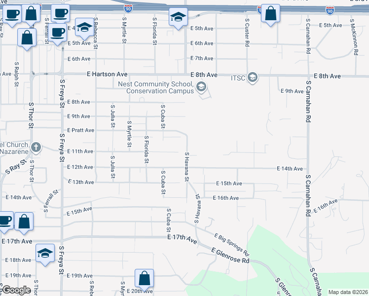 map of restaurants, bars, coffee shops, grocery stores, and more near 4235 East 11th Avenue in Spokane