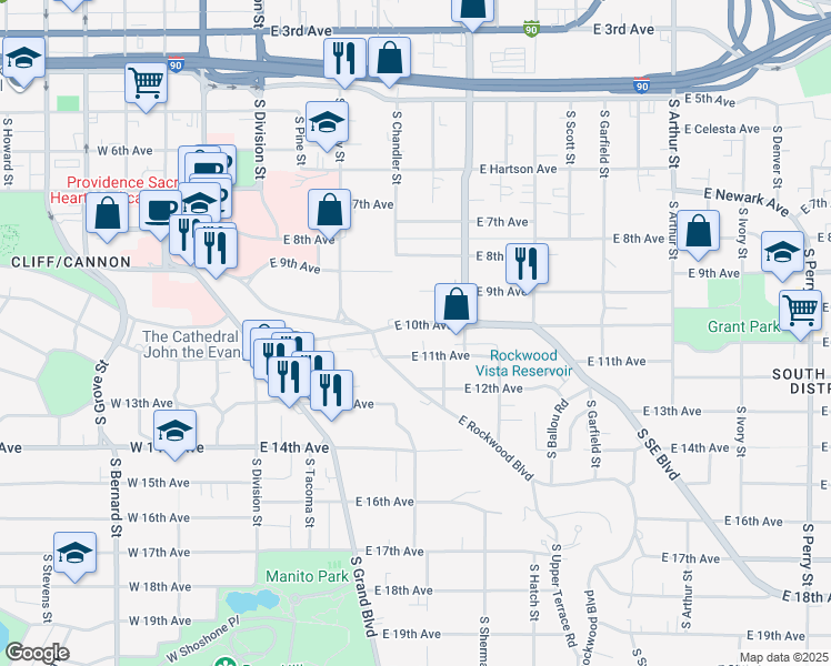 map of restaurants, bars, coffee shops, grocery stores, and more near 334 East 10th Avenue in Spokane