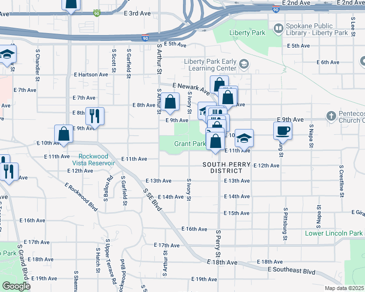 map of restaurants, bars, coffee shops, grocery stores, and more near 1102 East 10th Avenue in Spokane