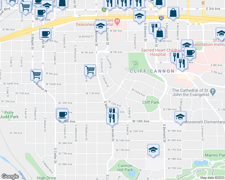 map of restaurants, bars, coffee shops, grocery stores, and more near 808 West 11th Avenue in Spokane