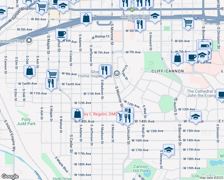 map of restaurants, bars, coffee shops, grocery stores, and more near in Spokane