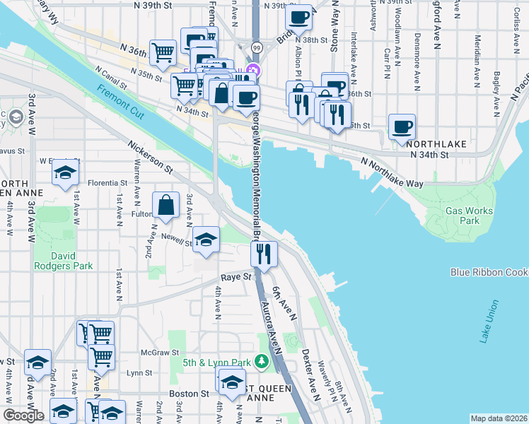 map of restaurants, bars, coffee shops, grocery stores, and more near 2812 Westlake Avenue North in Seattle