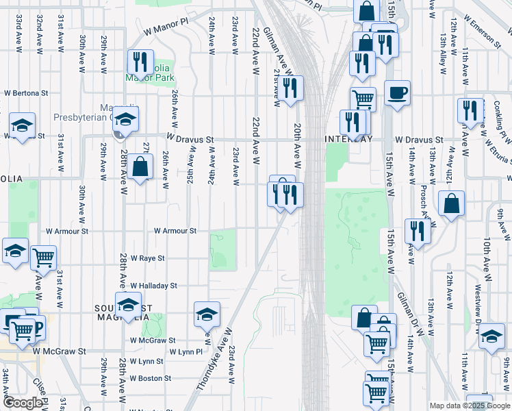 map of restaurants, bars, coffee shops, grocery stores, and more near 2843-1/2 22nd Avenue West in Seattle