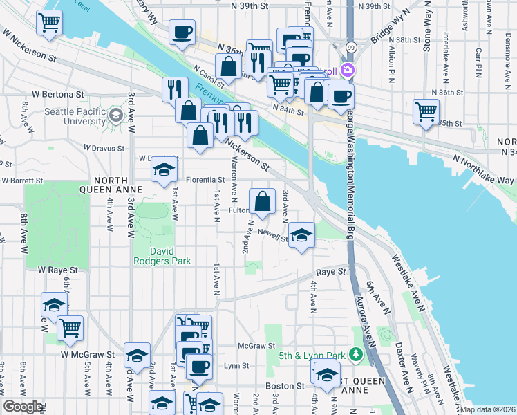 map of restaurants, bars, coffee shops, grocery stores, and more near 208 Fulton Street in Seattle