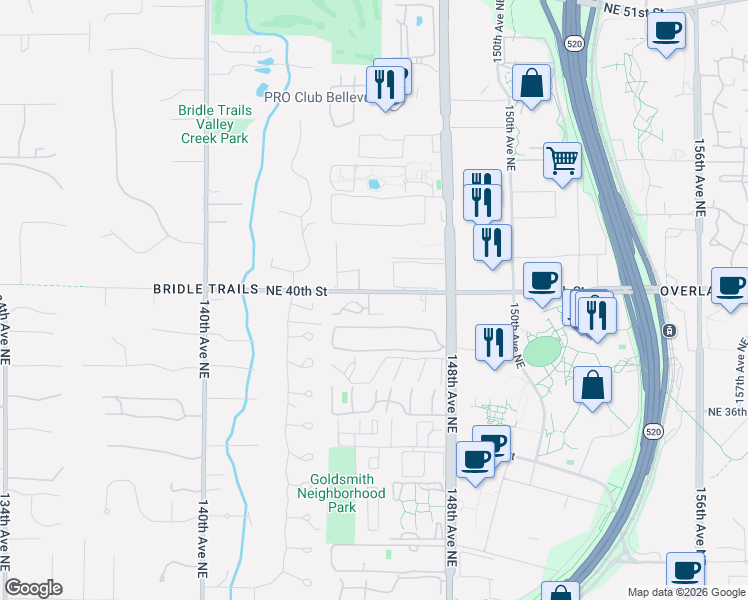 map of restaurants, bars, coffee shops, grocery stores, and more near 14527 Northeast 40th Street in Bellevue