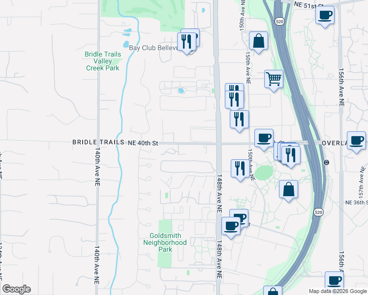 map of restaurants, bars, coffee shops, grocery stores, and more near 14520 Northeast 40th Street in Bellevue