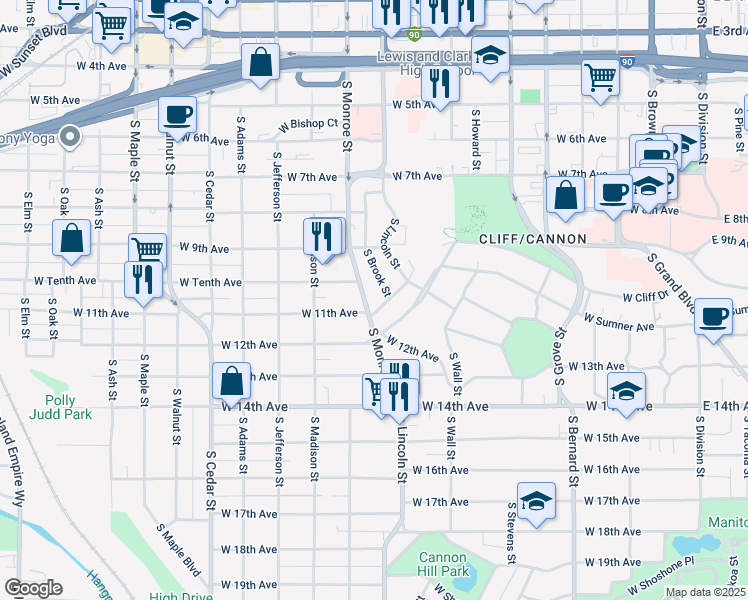 map of restaurants, bars, coffee shops, grocery stores, and more near in Spokane