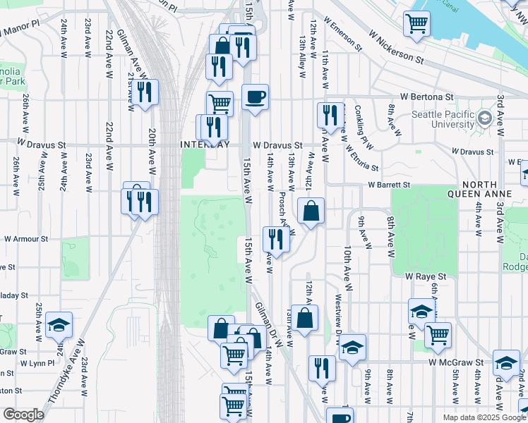 map of restaurants, bars, coffee shops, grocery stores, and more near 2831 14th Avenue West in Seattle