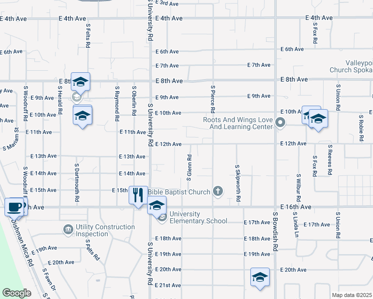 map of restaurants, bars, coffee shops, grocery stores, and more near 10908 East 12th Avenue in Spokane Valley