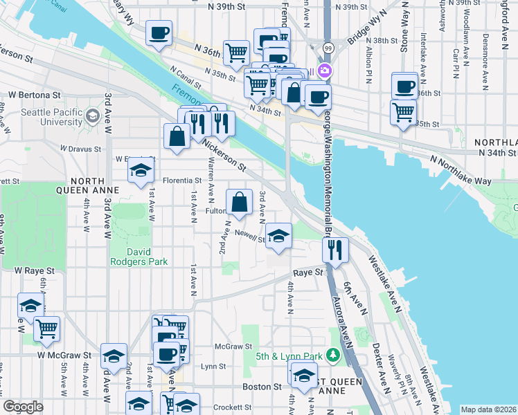 map of restaurants, bars, coffee shops, grocery stores, and more near 2908 Mayfair Avenue North in Seattle