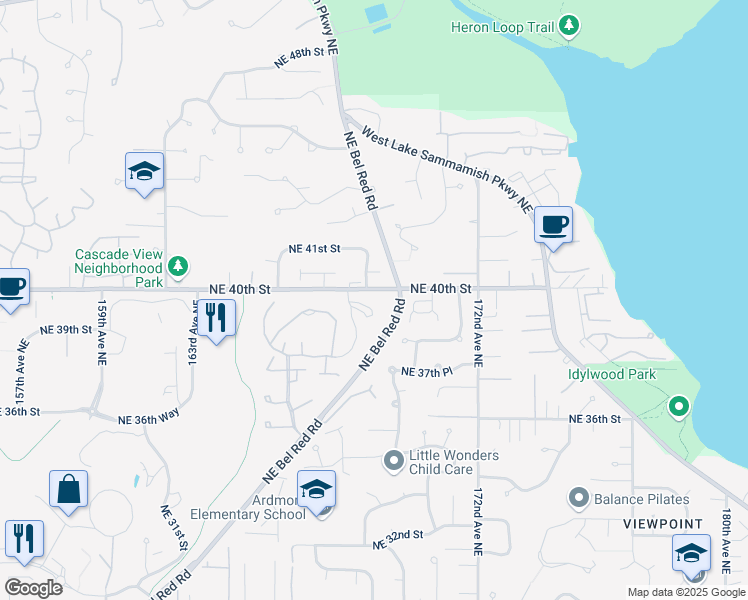 map of restaurants, bars, coffee shops, grocery stores, and more near in Redmond