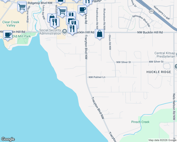 map of restaurants, bars, coffee shops, grocery stores, and more near 9102 Tracyton Boulevard Northwest in Bremerton