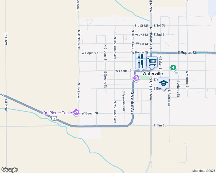 map of restaurants, bars, coffee shops, grocery stores, and more near 315 West Birch Street in Waterville