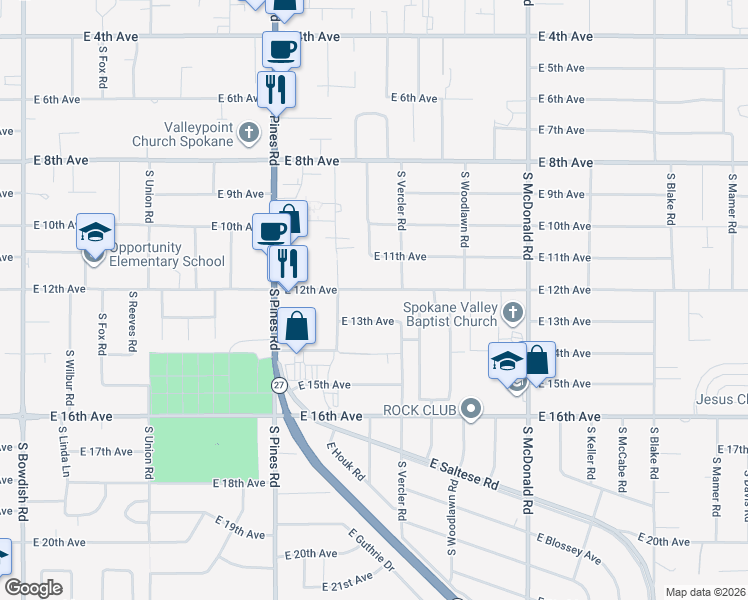 map of restaurants, bars, coffee shops, grocery stores, and more near 12522 East 12th Avenue in Spokane Valley