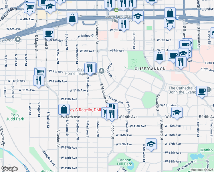 map of restaurants, bars, coffee shops, grocery stores, and more near 808 West 11th Avenue in Spokane