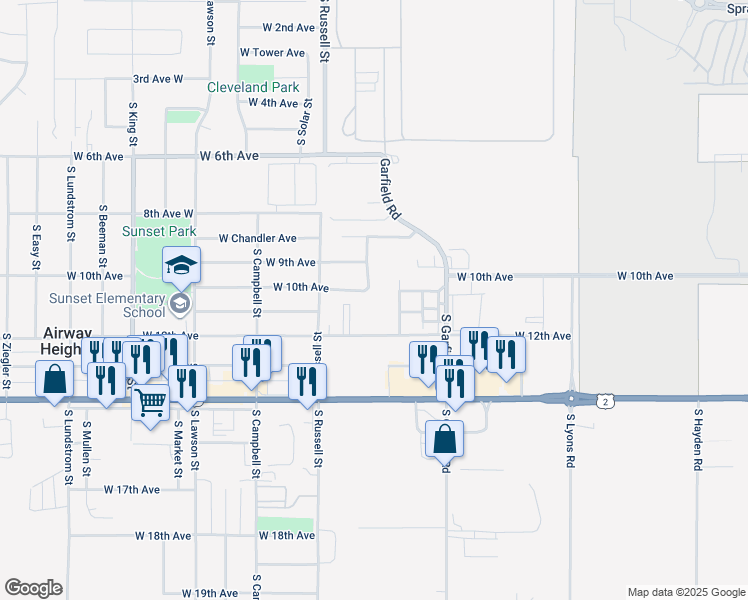 map of restaurants, bars, coffee shops, grocery stores, and more near 12209 West 10th Avenue in Airway Heights