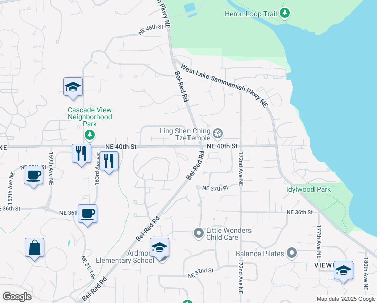 map of restaurants, bars, coffee shops, grocery stores, and more near in Redmond