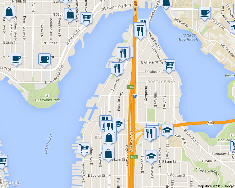 map of restaurants, bars, coffee shops, grocery stores, and more near 2810 Eastlake Avenue East in Seattle