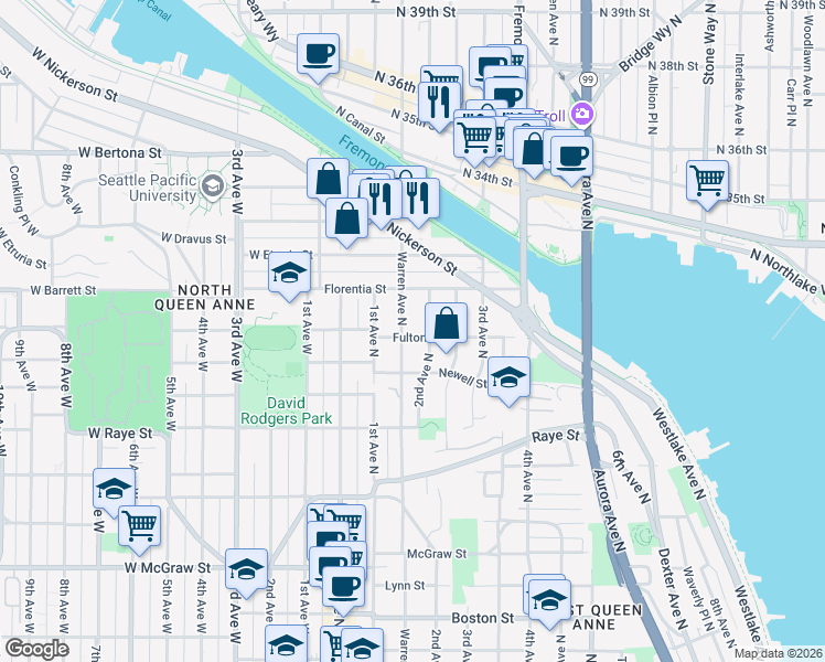 map of restaurants, bars, coffee shops, grocery stores, and more near 2908 2nd Avenue North in Seattle