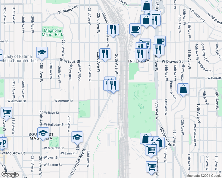map of restaurants, bars, coffee shops, grocery stores, and more near 2837 21st Avenue West in Seattle