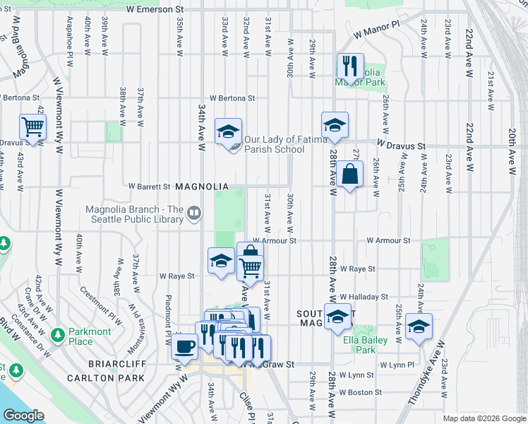 map of restaurants, bars, coffee shops, grocery stores, and more near 2845 31st Avenue West in Seattle
