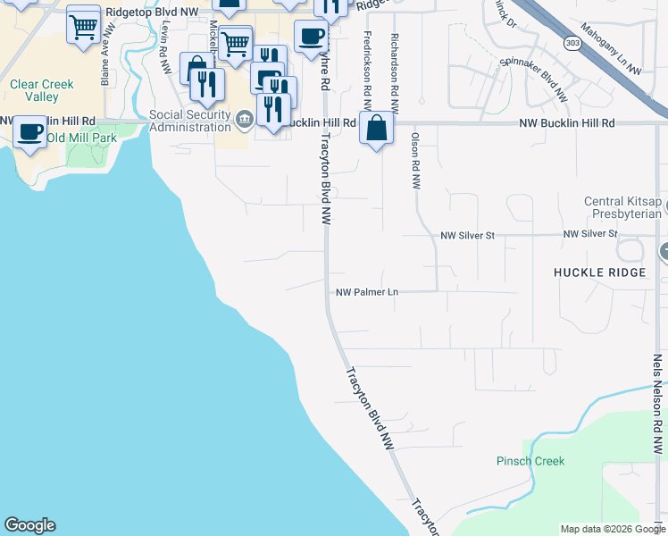 map of restaurants, bars, coffee shops, grocery stores, and more near 9102 Tracyton Boulevard Northwest in Bremerton