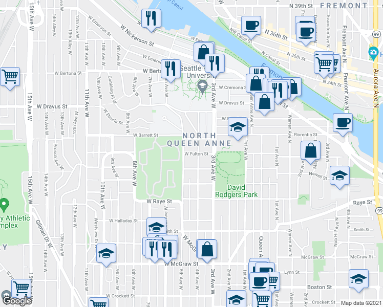 map of restaurants, bars, coffee shops, grocery stores, and more near 410 West Fulton Street in Seattle