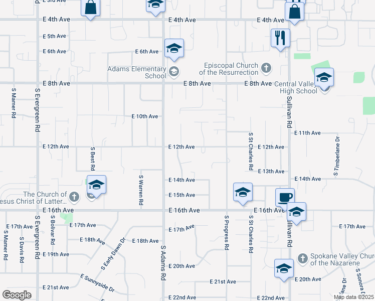 map of restaurants, bars, coffee shops, grocery stores, and more near 14816 East 12th Avenue in Spokane Valley