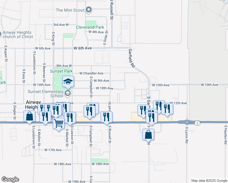 map of restaurants, bars, coffee shops, grocery stores, and more near 1001 South Russell Street in Airway Heights