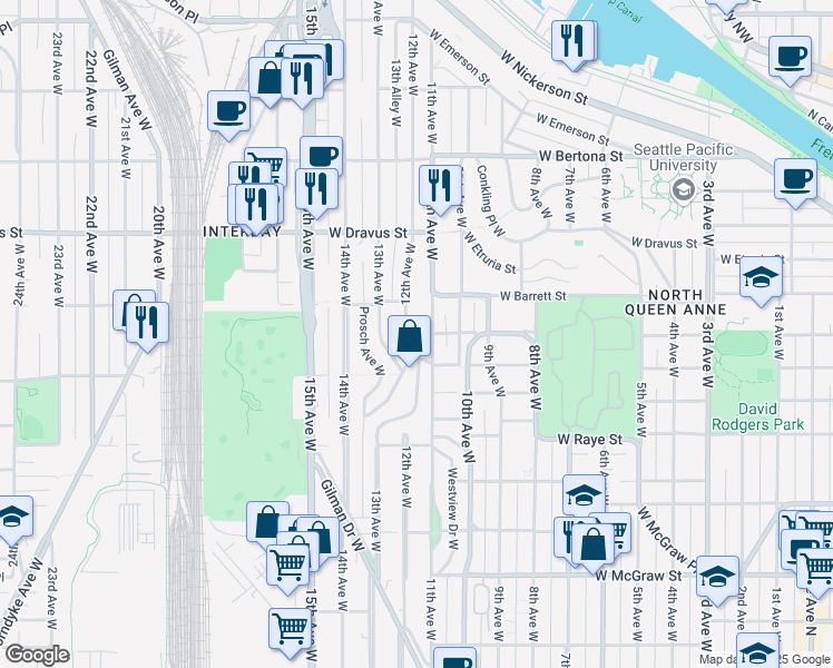 map of restaurants, bars, coffee shops, grocery stores, and more near 2822 12th Avenue West in Seattle