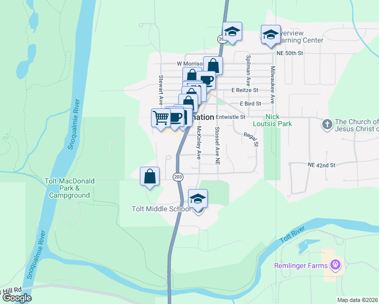 map of restaurants, bars, coffee shops, grocery stores, and more near 31824 Myrtle Street in Carnation