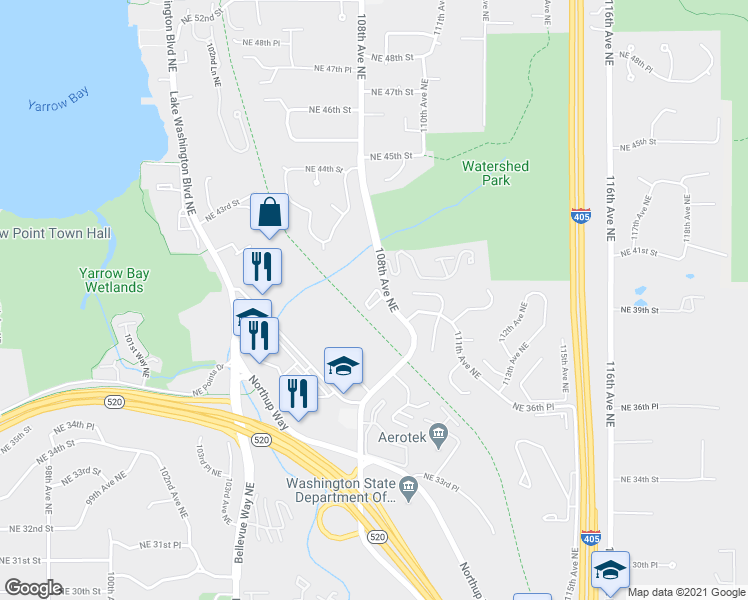 map of restaurants, bars, coffee shops, grocery stores, and more near 3929 108th Avenue Northeast in Bellevue