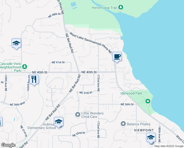 map of restaurants, bars, coffee shops, grocery stores, and more near 3923 171st Place Northeast in Bellevue