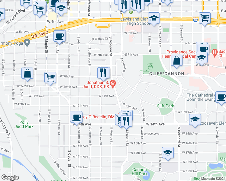 map of restaurants, bars, coffee shops, grocery stores, and more near 1012 South Monroe Street in Spokane