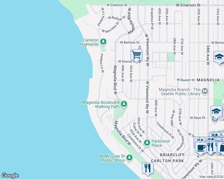 map of restaurants, bars, coffee shops, grocery stores, and more near 2825 Magnolia Boulevard West in Seattle