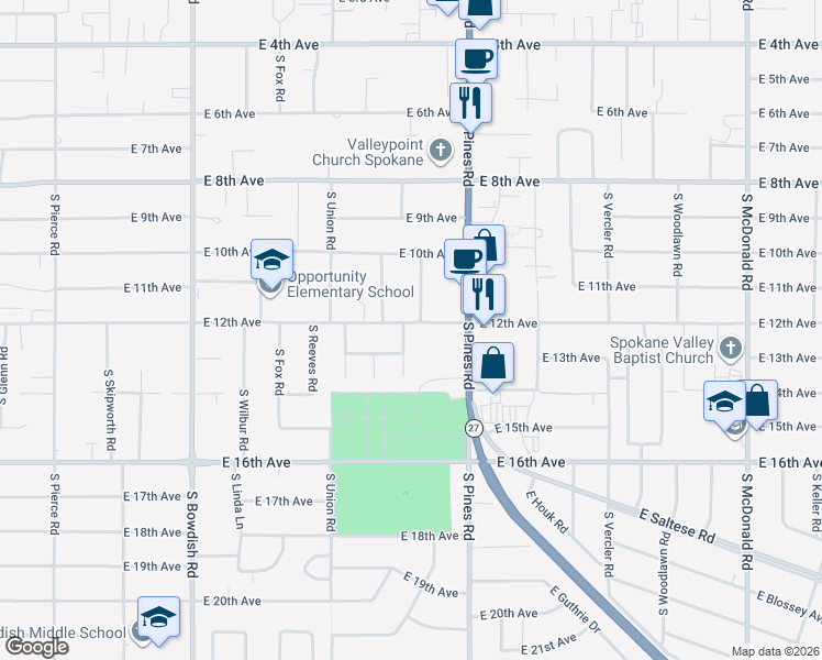 map of restaurants, bars, coffee shops, grocery stores, and more near 12114 East 12th Avenue in Spokane Valley