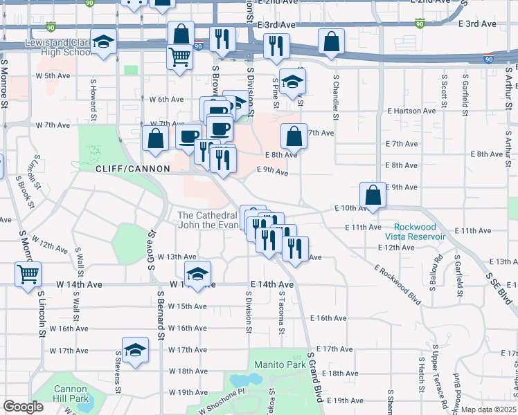 map of restaurants, bars, coffee shops, grocery stores, and more near 12 East Rockwood Boulevard in Spokane