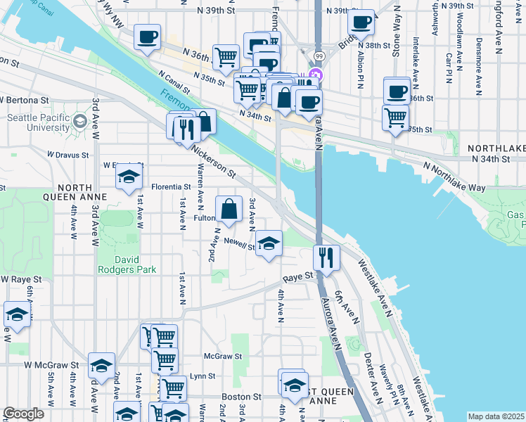 map of restaurants, bars, coffee shops, grocery stores, and more near 314 Fulton Street in Seattle