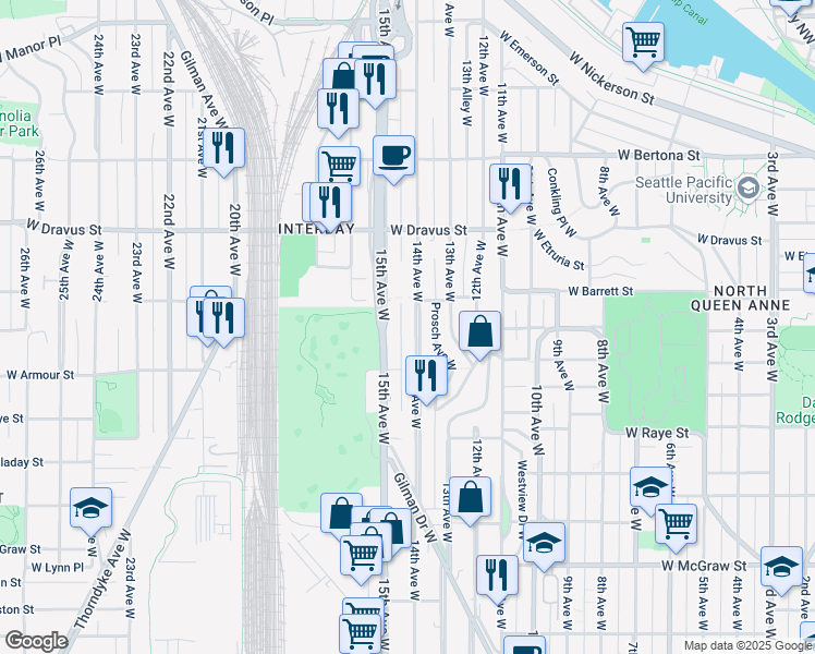 map of restaurants, bars, coffee shops, grocery stores, and more near 2834 15th Avenue West in Seattle
