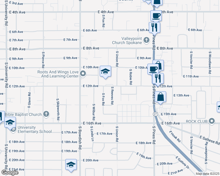 map of restaurants, bars, coffee shops, grocery stores, and more near 1204 South Reeves Road in Spokane Valley