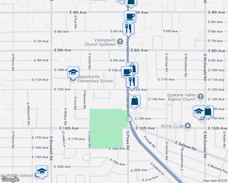 map of restaurants, bars, coffee shops, grocery stores, and more near 12114 East 12th Avenue in Spokane Valley