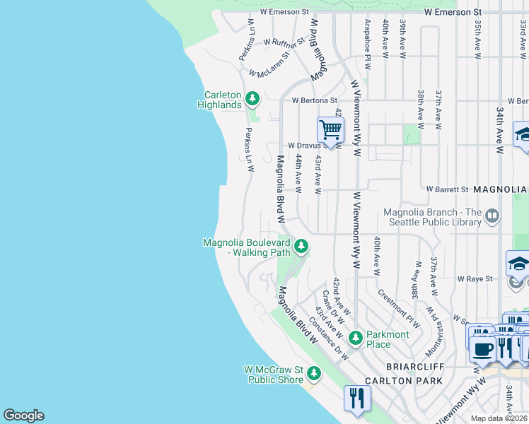 map of restaurants, bars, coffee shops, grocery stores, and more near 2825 Magnolia Boulevard West in Seattle