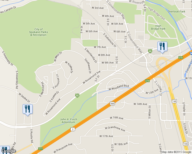 map of restaurants, bars, coffee shops, grocery stores, and more near 3411 W Rosamond Ave in Spokane