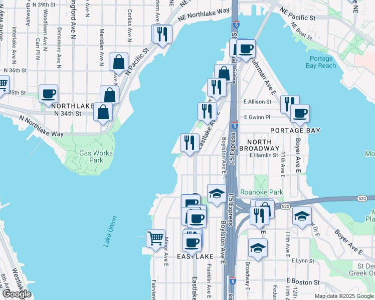 map of restaurants, bars, coffee shops, grocery stores, and more near 2808 Fairview Avenue East in Seattle