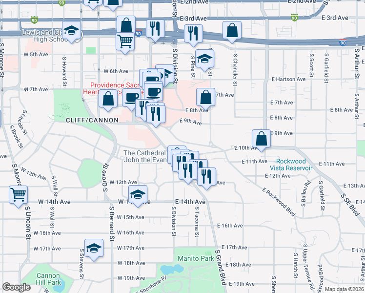map of restaurants, bars, coffee shops, grocery stores, and more near 12 East Rockwood Boulevard in Spokane