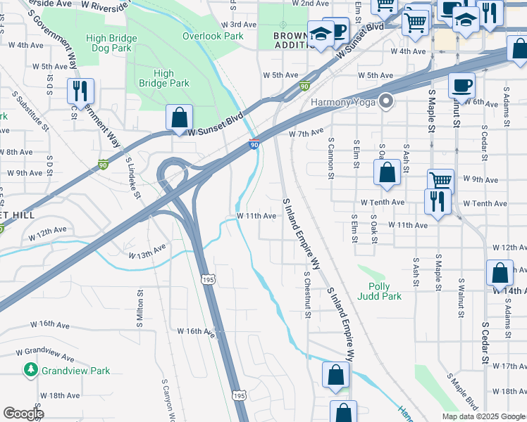 map of restaurants, bars, coffee shops, grocery stores, and more near 2226 West 11th Avenue in Spokane