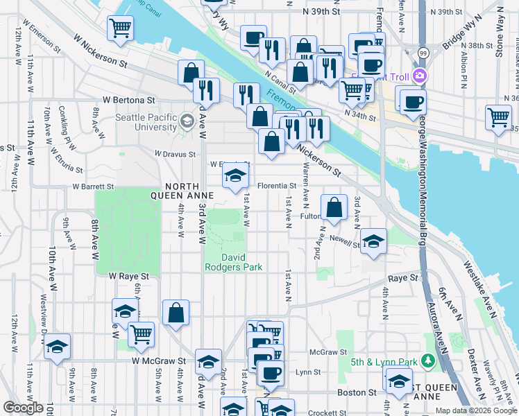 map of restaurants, bars, coffee shops, grocery stores, and more near 22 West Fulton Street in Seattle