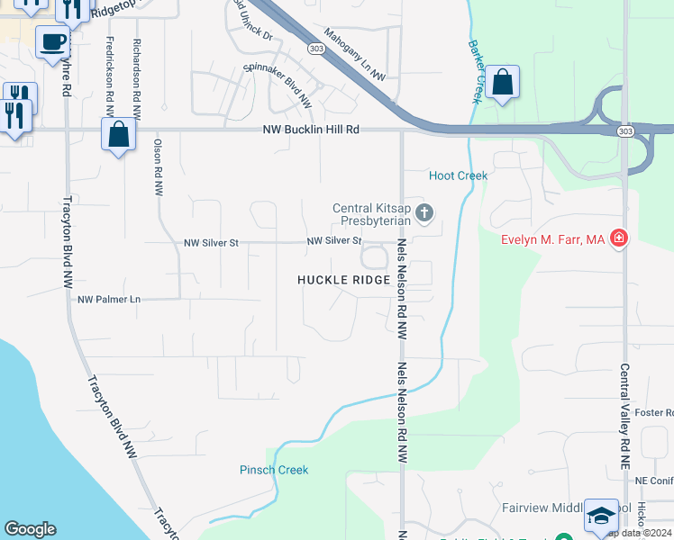 map of restaurants, bars, coffee shops, grocery stores, and more near 9120 Kristi Court Northwest in Bremerton