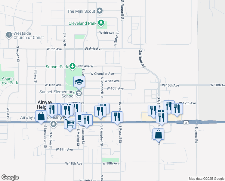 map of restaurants, bars, coffee shops, grocery stores, and more near 12411 W 10th Ave in Airway Heights